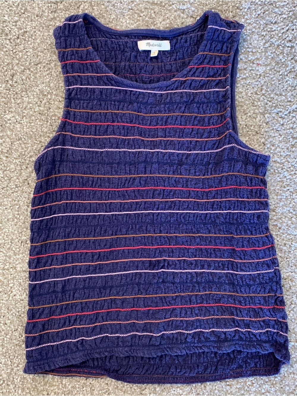 Madewell Navy Textured Tank with Pink and Red Stripes